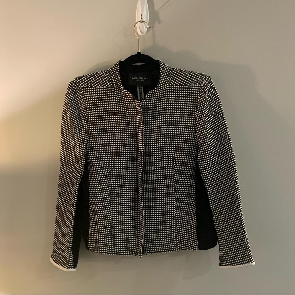 Lafayette 148 black & white dotted blazer zip up Sz 8
